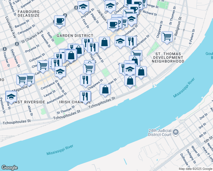 map of restaurants, bars, coffee shops, grocery stores, and more near 513 Fourth Street in New Orleans