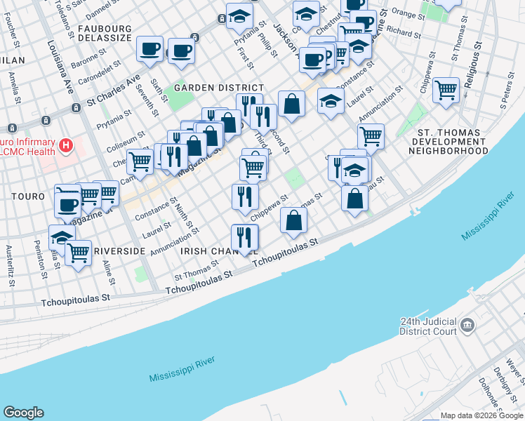 map of restaurants, bars, coffee shops, grocery stores, and more near 536 Washington Avenue in New Orleans