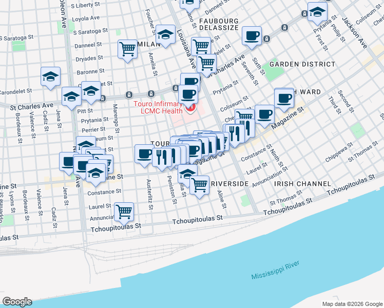 map of restaurants, bars, coffee shops, grocery stores, and more near 3530 Magazine Street in New Orleans