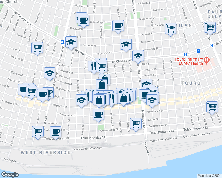 map of restaurants, bars, coffee shops, grocery stores, and more near 1022 Bordeaux Street in New Orleans