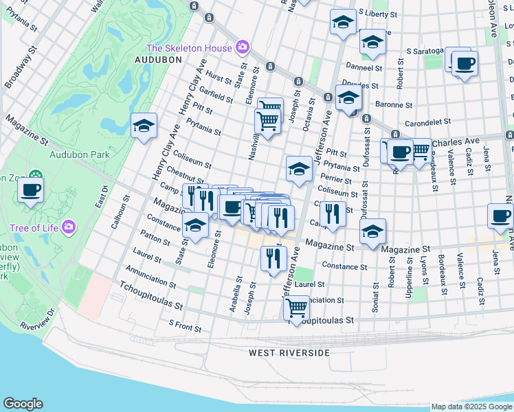 map of restaurants, bars, coffee shops, grocery stores, and more near 5600 Camp Street in New Orleans