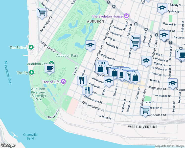 map of restaurants, bars, coffee shops, grocery stores, and more near 631 Henry Clay Avenue in New Orleans