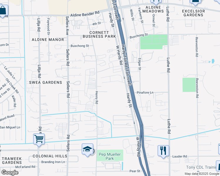 map of restaurants, bars, coffee shops, grocery stores, and more near 15188 Henry Road in Houston