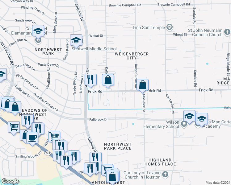 map of restaurants, bars, coffee shops, grocery stores, and more near 3367 Frick Road in Houston