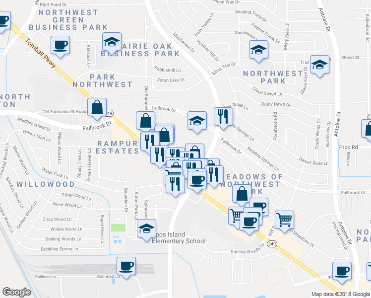 map of restaurants, bars, coffee shops, grocery stores, and more near 13726 Texas 249 in Houston