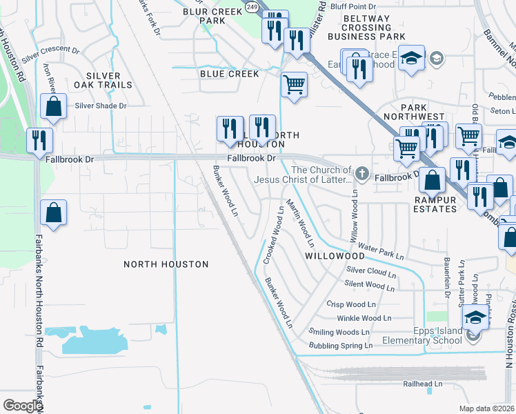 map of restaurants, bars, coffee shops, grocery stores, and more near 9534 Rumbling Wood Lane in Houston