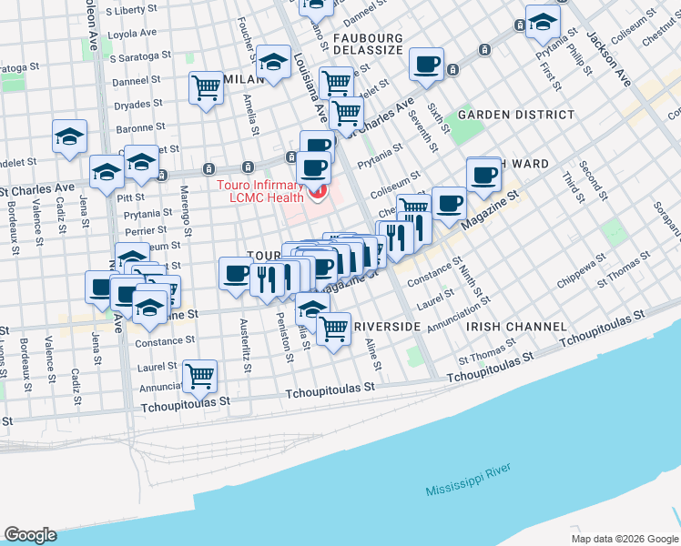 map of restaurants, bars, coffee shops, grocery stores, and more near 3522 Magazine Street in New Orleans