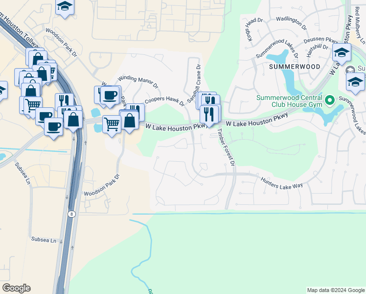 map of restaurants, bars, coffee shops, grocery stores, and more near 13035 Jasmine Park Lane in Houston