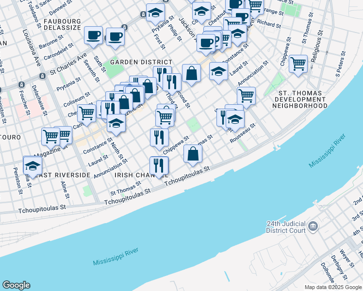 map of restaurants, bars, coffee shops, grocery stores, and more near 716 Fourth Street in New Orleans