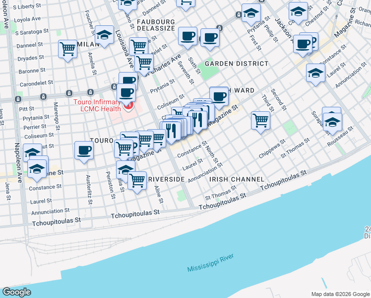 map of restaurants, bars, coffee shops, grocery stores, and more near 3222 Magazine Street in New Orleans