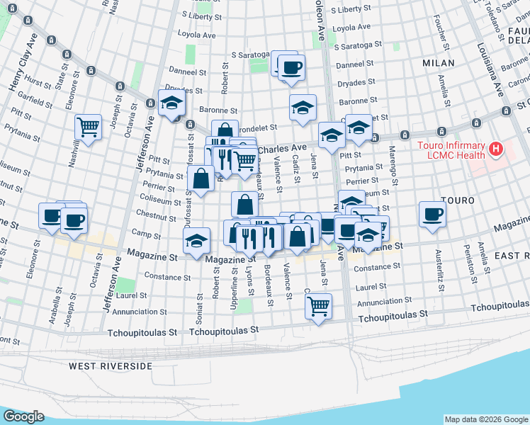 map of restaurants, bars, coffee shops, grocery stores, and more near 1200 Bordeaux Street in New Orleans