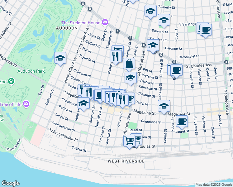 map of restaurants, bars, coffee shops, grocery stores, and more near 1021 Arabella Street in New Orleans