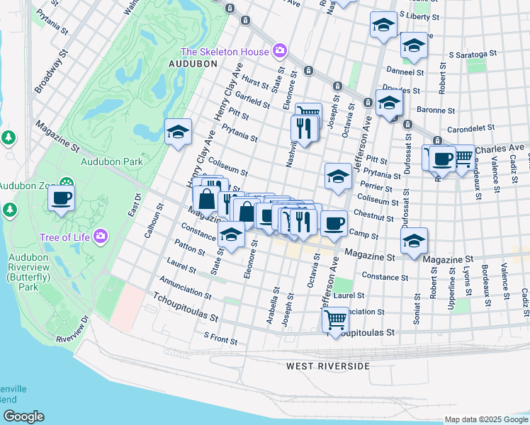 map of restaurants, bars, coffee shops, grocery stores, and more near 5922 Chestnut Street in New Orleans