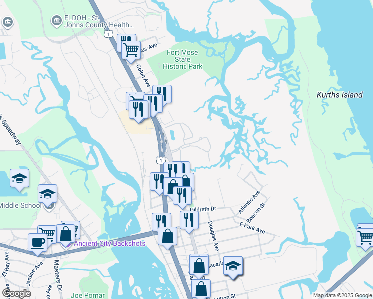 map of restaurants, bars, coffee shops, grocery stores, and more near 4000 Grande Vista Boulevard in St. Augustine