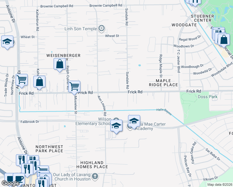 map of restaurants, bars, coffee shops, grocery stores, and more near 3126 Frick Road in Houston