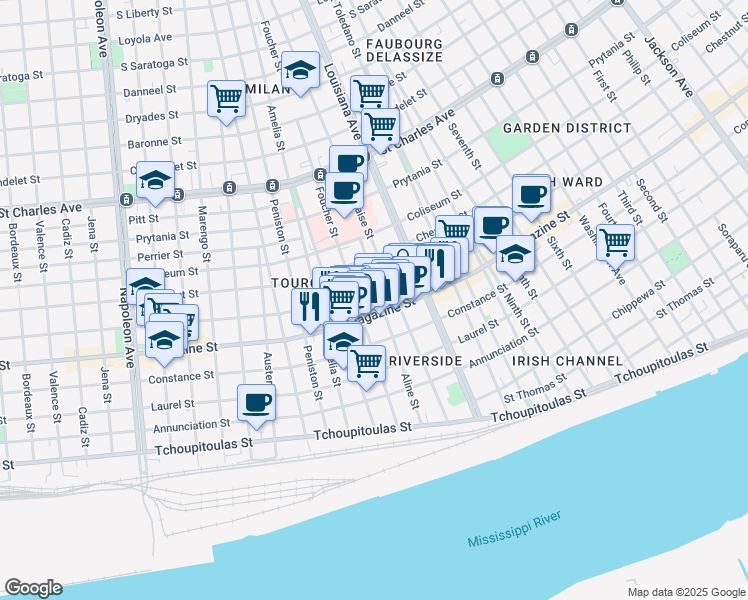 map of restaurants, bars, coffee shops, grocery stores, and more near 1124 Aline Street in New Orleans