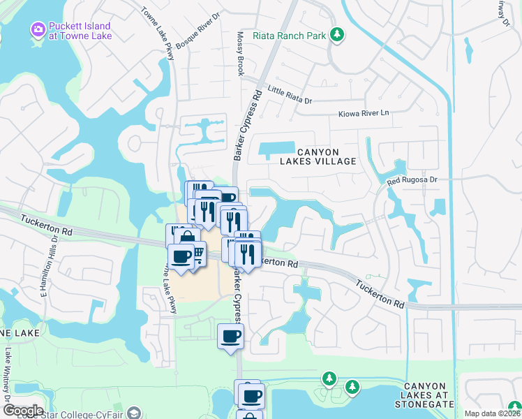 map of restaurants, bars, coffee shops, grocery stores, and more near 17606 Sulphur Stream Drive in Houston