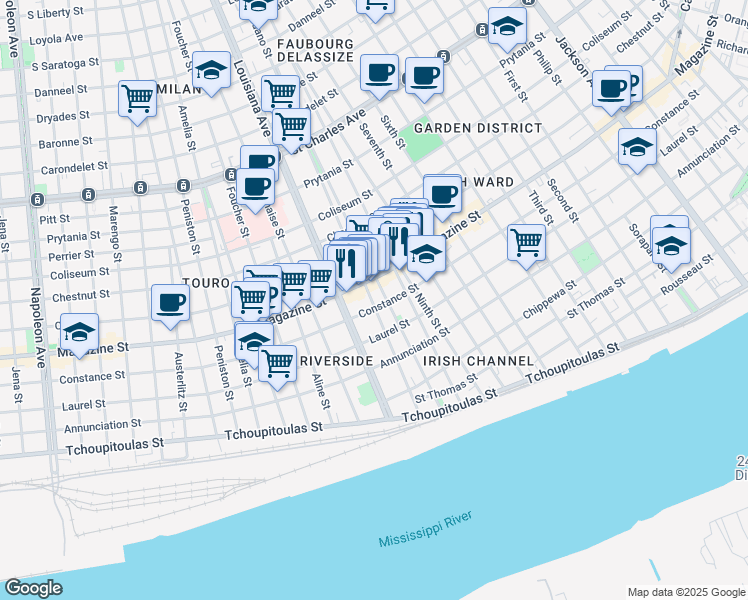 map of restaurants, bars, coffee shops, grocery stores, and more near 3222 Magazine Street in New Orleans
