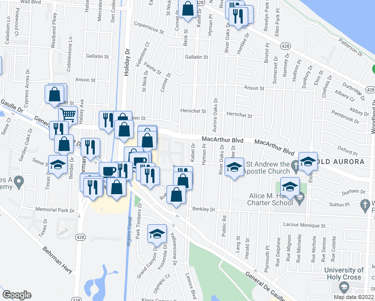 map of restaurants, bars, coffee shops, grocery stores, and more near 4545 Macarthur Boulevard in New Orleans