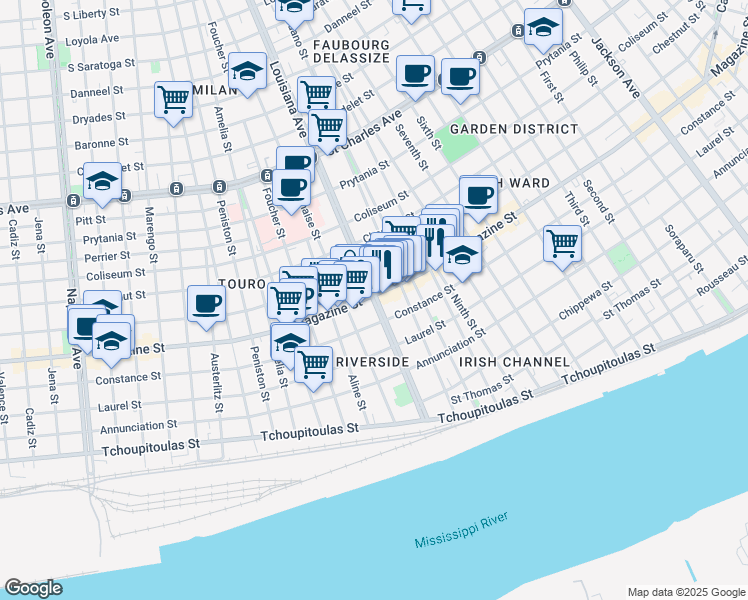 map of restaurants, bars, coffee shops, grocery stores, and more near 3400 Magazine Street in New Orleans