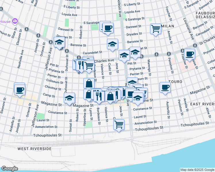 map of restaurants, bars, coffee shops, grocery stores, and more near 1205 Valence Street in New Orleans