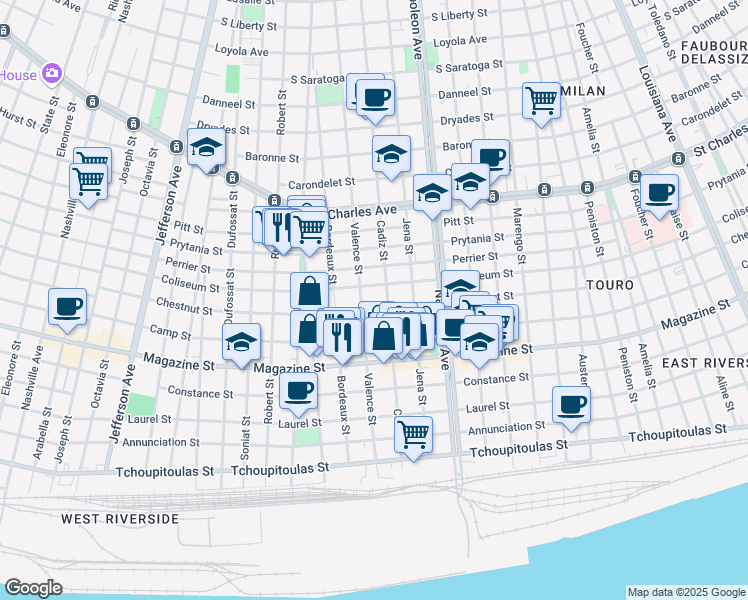 map of restaurants, bars, coffee shops, grocery stores, and more near 1205 Valence Street in New Orleans