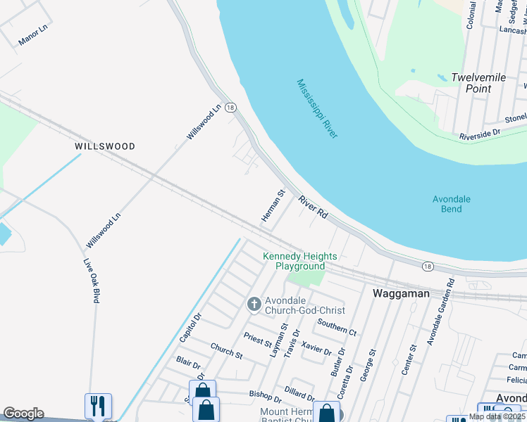map of restaurants, bars, coffee shops, grocery stores, and more near 138 Herman Street in Westwego
