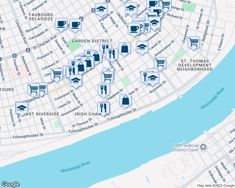 map of restaurants, bars, coffee shops, grocery stores, and more near 716 Fourth Street in New Orleans