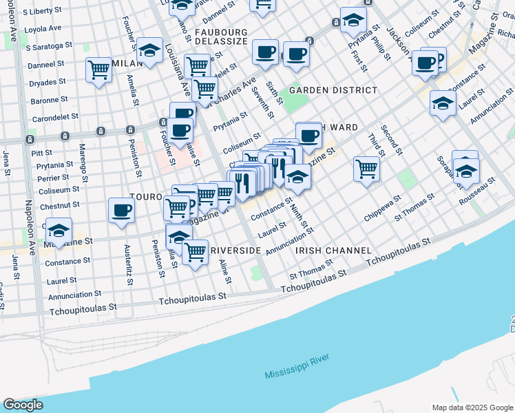 map of restaurants, bars, coffee shops, grocery stores, and more near 3222 Magazine Street in New Orleans