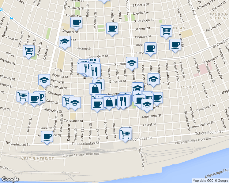 map of restaurants, bars, coffee shops, grocery stores, and more near 1205 Valence Street in New Orleans