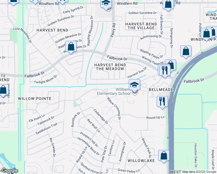 map of restaurants, bars, coffee shops, grocery stores, and more near 9511 Gusty Winds Drive in Houston