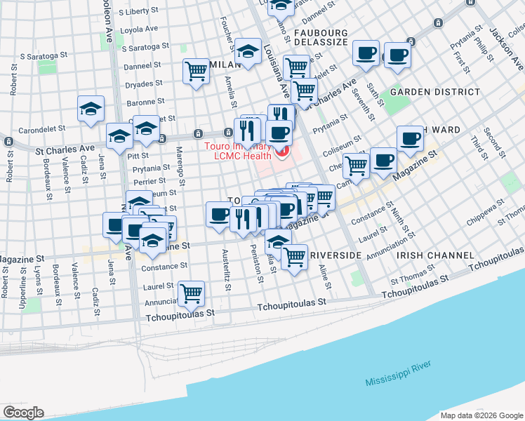 map of restaurants, bars, coffee shops, grocery stores, and more near 3628 Chestnut Street in New Orleans
