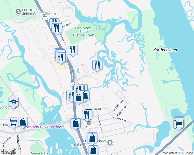 map of restaurants, bars, coffee shops, grocery stores, and more near 1075 Bella Vista Boulevard in St. Augustine