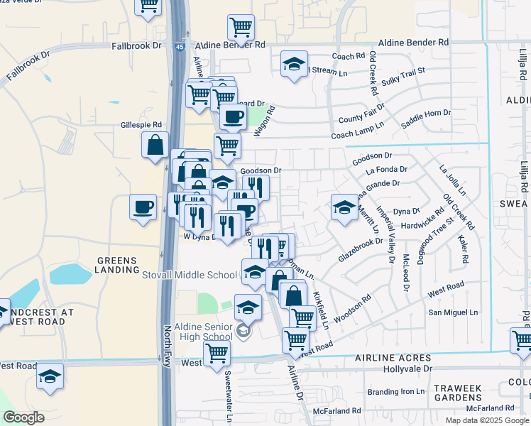 map of restaurants, bars, coffee shops, grocery stores, and more near 125 West Dyna Drive in Houston