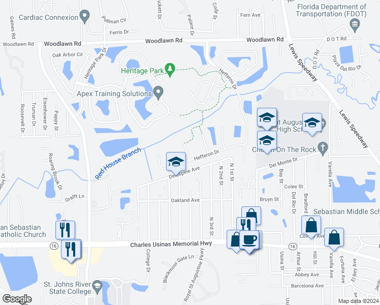 map of restaurants, bars, coffee shops, grocery stores, and more near 604 Arbor Park Way in St. Augustine