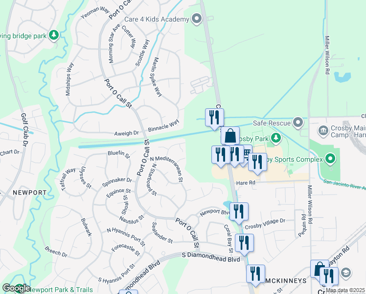 map of restaurants, bars, coffee shops, grocery stores, and more near 302 Kingsport Street in Crosby