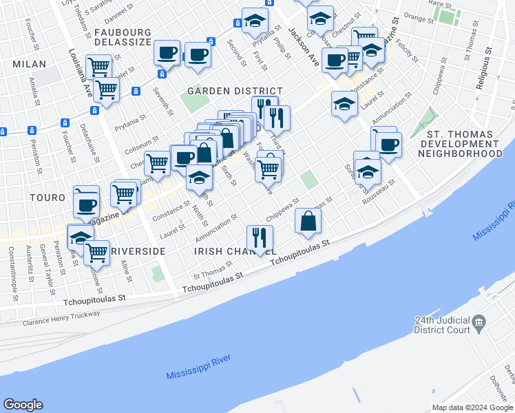 map of restaurants, bars, coffee shops, grocery stores, and more near 2844 Annunciation Street in New Orleans