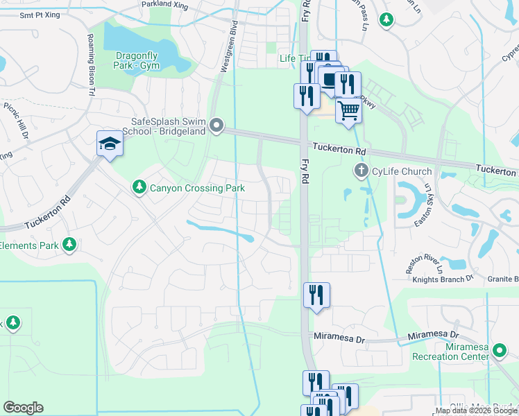 map of restaurants, bars, coffee shops, grocery stores, and more near Fry Road in Cypress
