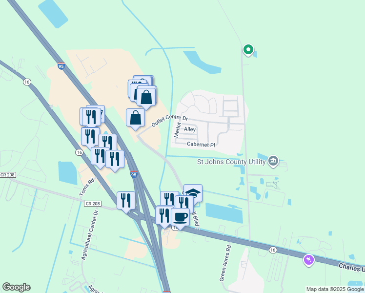 map of restaurants, bars, coffee shops, grocery stores, and more near 441 CABERNET Place in Saint Augustine