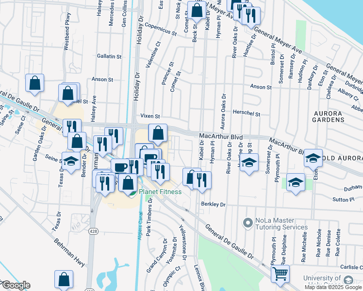 map of restaurants, bars, coffee shops, grocery stores, and more near 4431 Macarthur Boulevard in New Orleans