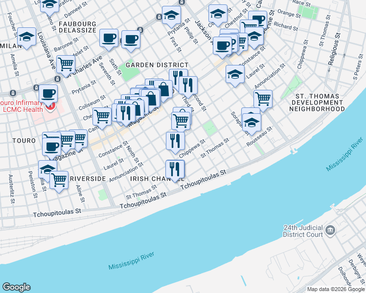 map of restaurants, bars, coffee shops, grocery stores, and more near 2815 Annunciation Street in New Orleans