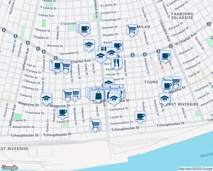 map of restaurants, bars, coffee shops, grocery stores, and more near 1132 Napoleon Avenue in New Orleans