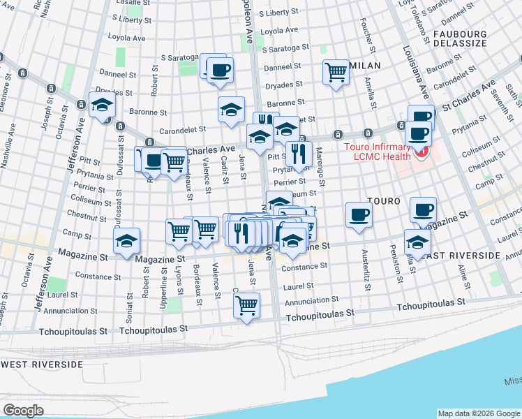 map of restaurants, bars, coffee shops, grocery stores, and more near 1132 Napoleon Avenue in New Orleans