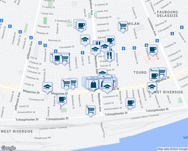 map of restaurants, bars, coffee shops, grocery stores, and more near 1132 Napoleon Avenue in New Orleans