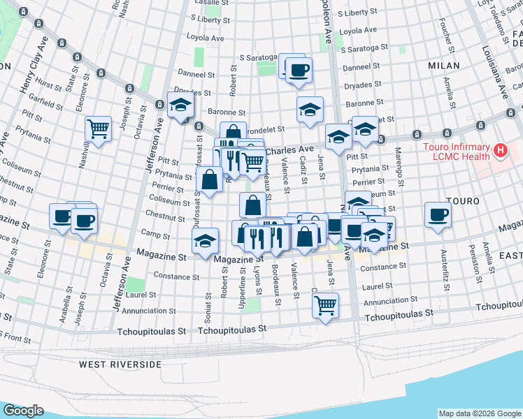 map of restaurants, bars, coffee shops, grocery stores, and more near 1200 Bordeaux Street in New Orleans