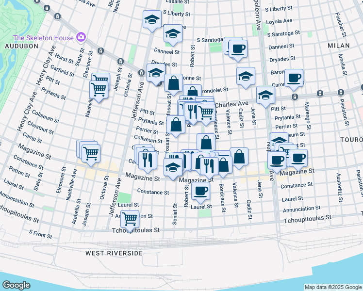 map of restaurants, bars, coffee shops, grocery stores, and more near 1217 Soniat Street in New Orleans