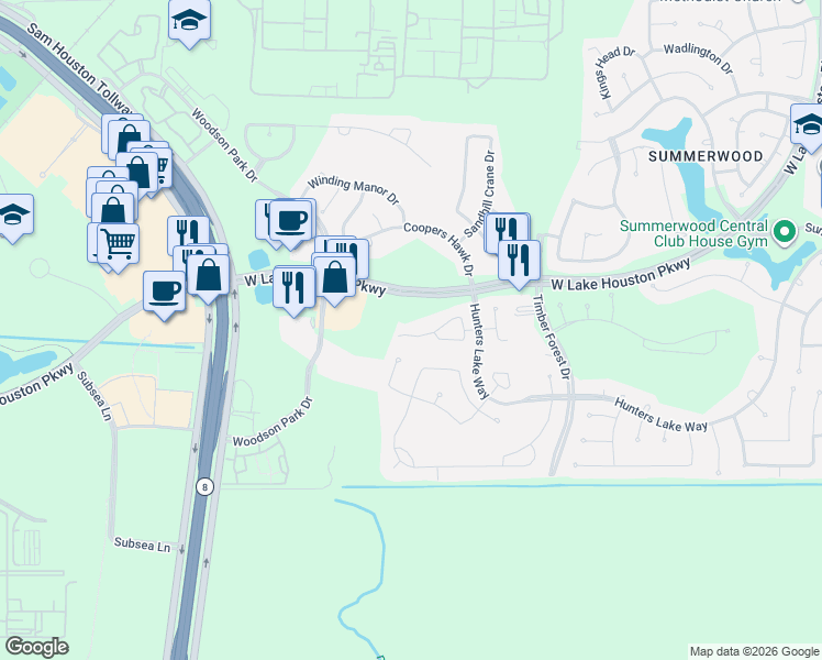 map of restaurants, bars, coffee shops, grocery stores, and more near 12907 Iris Garden Lane in Houston