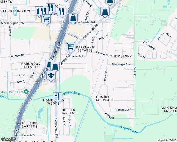 map of restaurants, bars, coffee shops, grocery stores, and more near 82 Nueces Shore Drive in Humble
