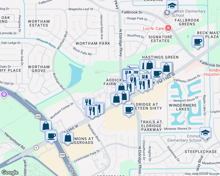 map of restaurants, bars, coffee shops, grocery stores, and more near Wortham Center Drive in Houston