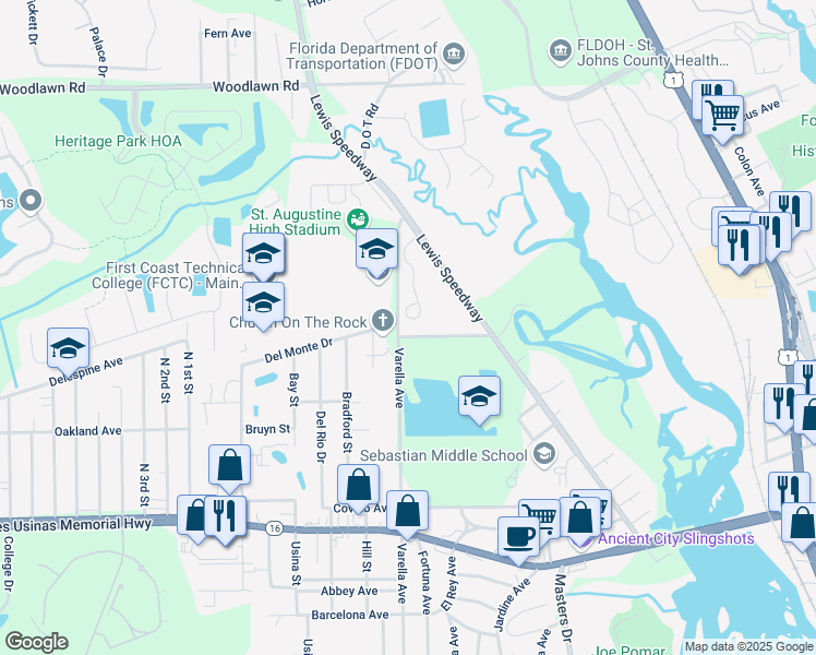 map of restaurants, bars, coffee shops, grocery stores, and more near 140 Woodcrest Drive in St. Augustine